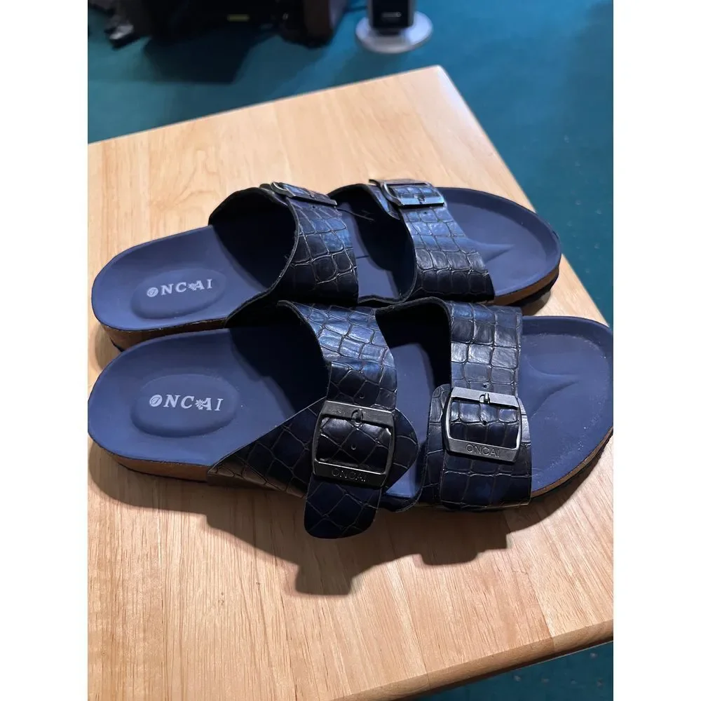 NCAI Men's Double Buckle Sandals Croc Pattern Navy Blue Comfort Slides‎ Size 45